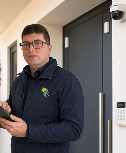 Tecnico Iaquinta Impianti durante sopralluogo per sistema antintrusione e videosorveglianza in abitazione.
